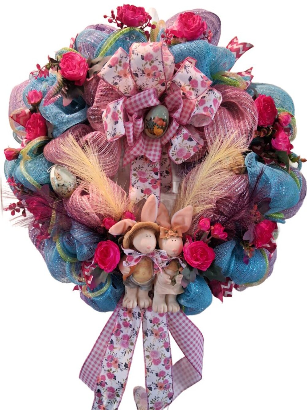 Spring Deco Mesh Easter Wreath with Ceramic Bunnies